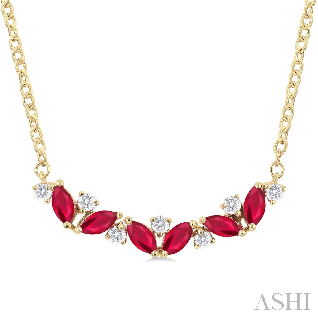 4x2mm Marquise Ruby and 0.15 ctw Diamond 14K Yellow Gold Pendant Necklace: Epitomizing grandeur, this breathtaking Zig-Zag necklace featuring Ruby, White Diamond stands as a beacon of refined taste. A detailed Cluster gallery secures the stones, rendered in 0.75 grams of lus