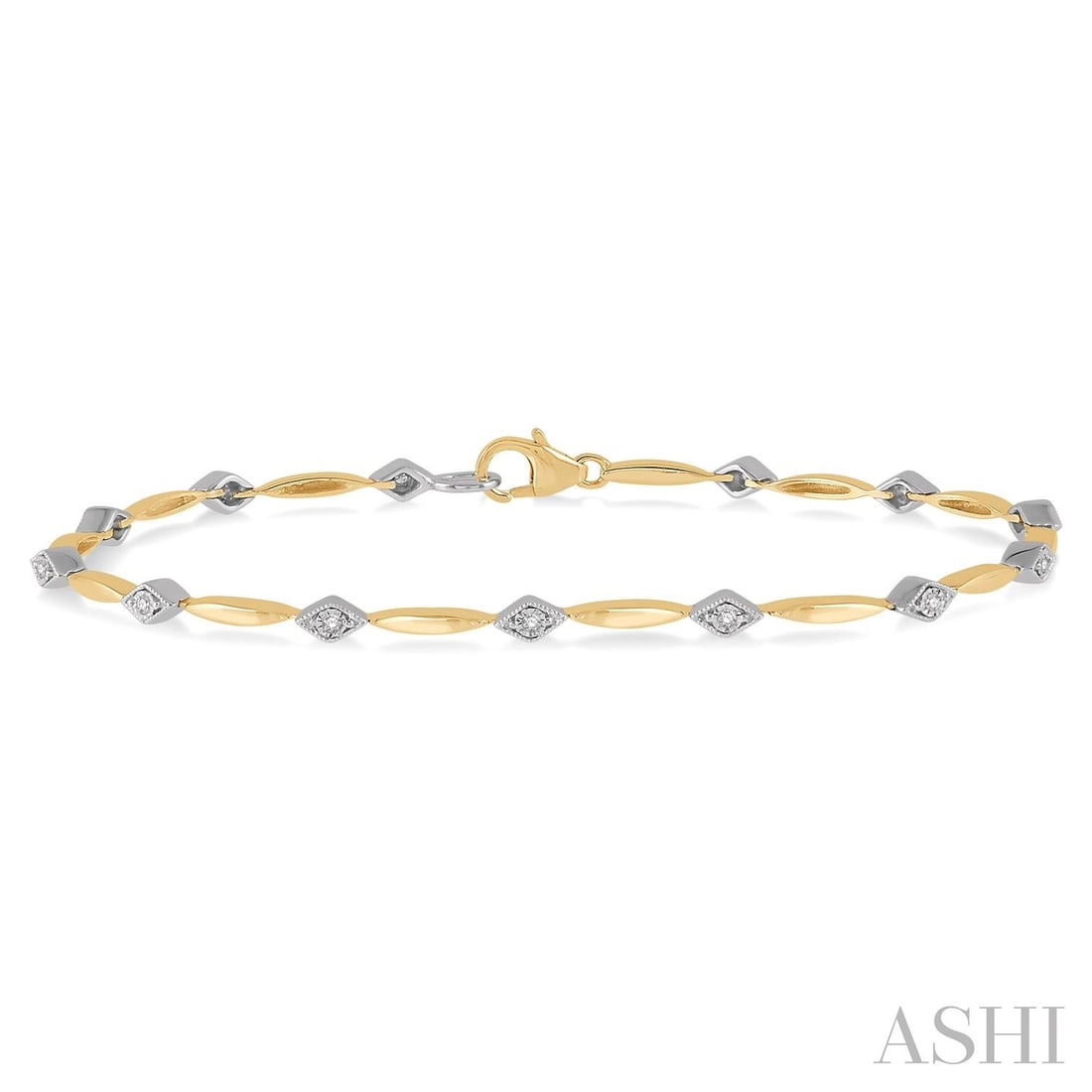 0.10 ctw Illusion Plate White Diamond 10K Yellow & White Gold Bracelet: A testament to superior craftsmanship, this elegant Link bracelet featuring White Diamond is unparalleled. A detailed Illusion Setting gallery secures the stones, rendered in 5.05 grams of lustrous 10