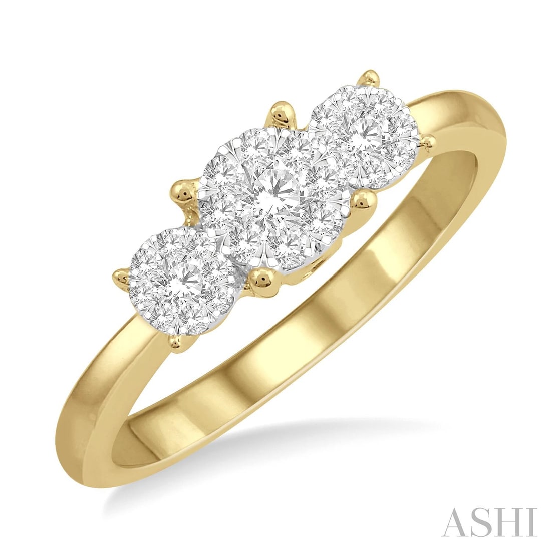 0.34 ctw Diamond Cluster Three Stone 14K Yellow and White Gold Ring: Exuding opulence and grace, this stunning Cluster Three Stone ring featuring White Diamond is crafted for the distinguished. Crafted with precision, the Three-Stone setting is seamlessly integrated in