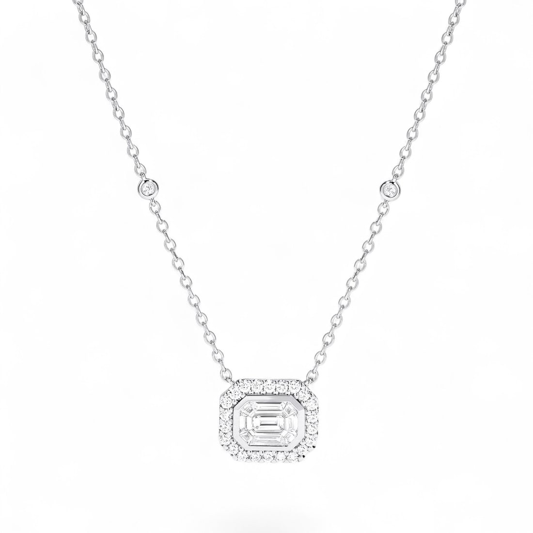1.01 Ctw Empress Emerald Halo White Diamond Modern 18K White Gold Necklace - Certified: A testament to superior craftsmanship, this stunning Halo necklace featuring Natural Diamonds is unparalleled. A detailed Halo gallery secures the stones, rendered in 2.9 grams of lustrous 18K White G