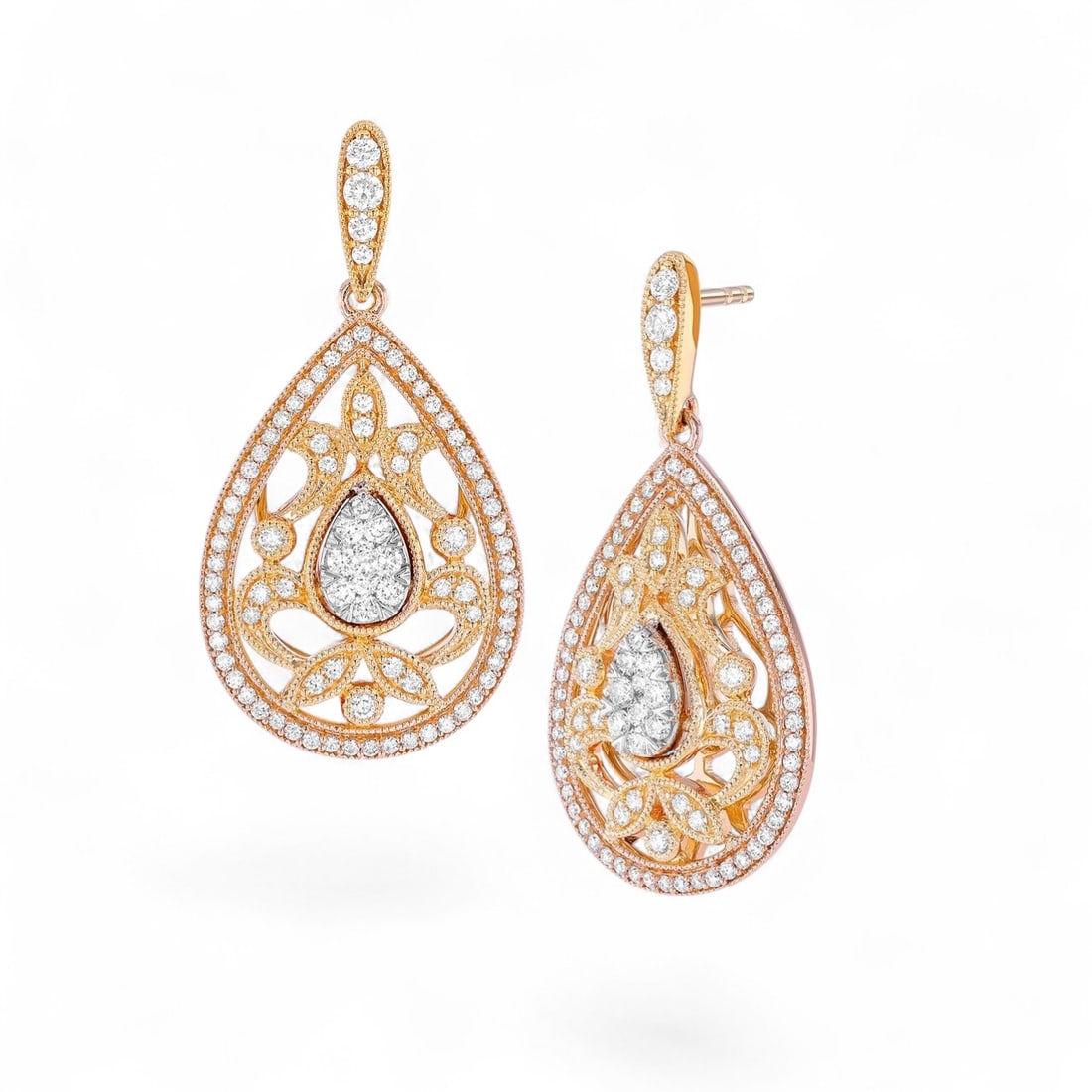 0.77 Ctw Pear Drop White Diamond Edwardian 18K Tri-Color Gold Earrings - Certified: A symphony of light and color, this stunning Pear Drop Cluster pair of earrings featuring Natural Diamonds embodies the pinnacle of luxury. Securely held in a classic Pave design, the earrings are for