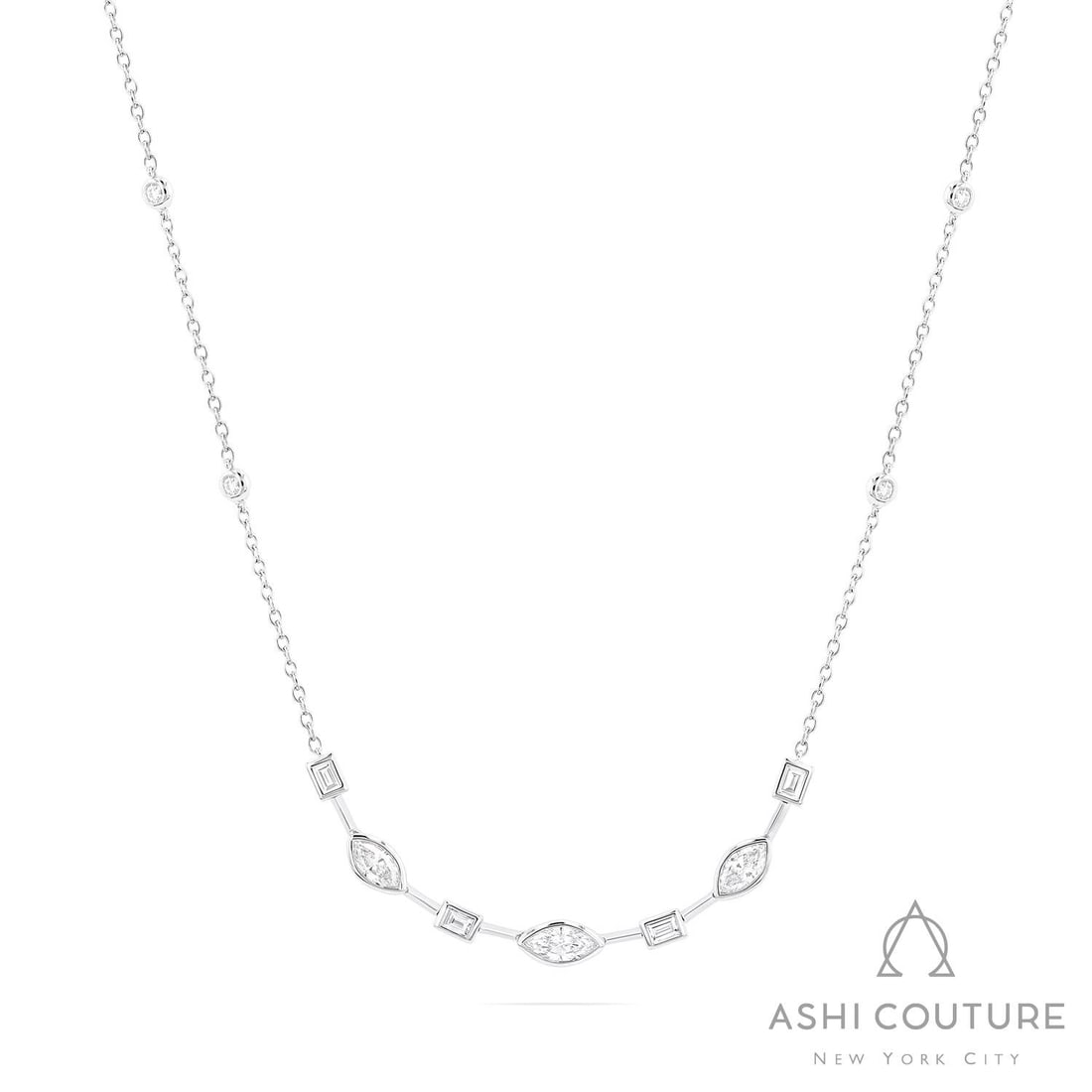 1.39 ctw Marquise & Baguette Diamond 18K White Gold Necklace: Defining modern elegance, this breathtaking Bezel necklace featuring White Diamond captures the essence of style. Expertly mounted in a Station/Bar Setting setting, the necklace is crafted in 3.7 gram