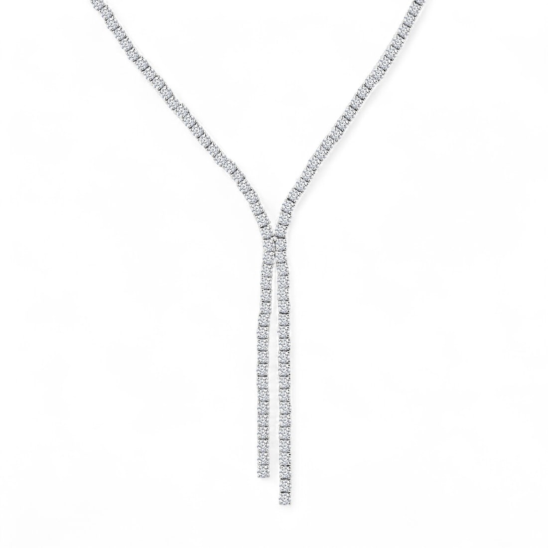 8.92 Ctw Y-Shape Tennis White Diamond Modern 14K White Gold Necklace - Certified: Exuding opulence and grace, this magnificent Y-Shape Tennis necklace featuring Natural Diamonds is crafted for the distinguished. Crafted with precision, the Prong setting is seamlessly integrated int