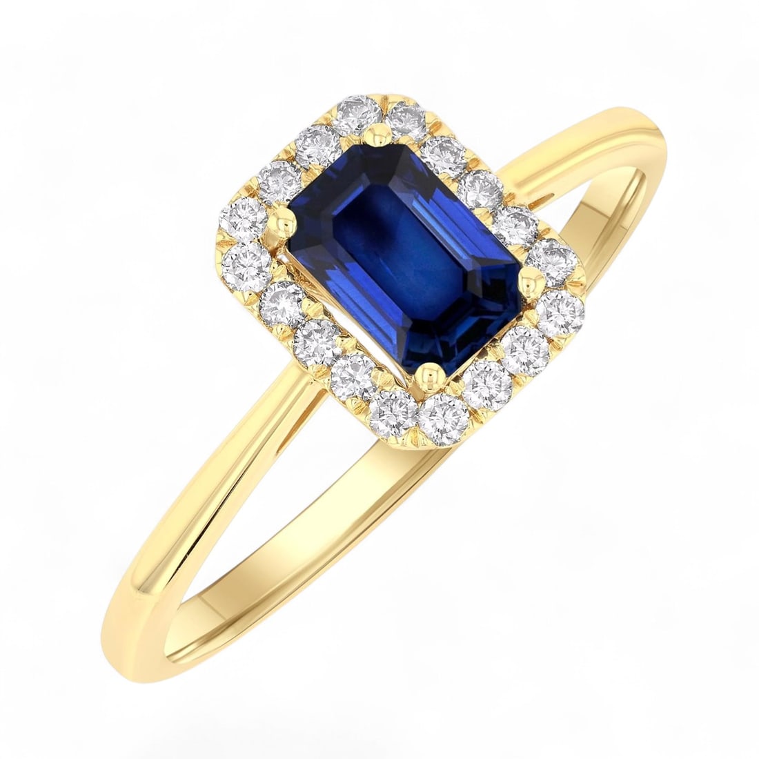 6x4 MM Octagonal Blue Sapphire and 0.15 Ctw Halo White Diamond Modern 14K Yellow Gold Ring -: Exuding opulence and grace, this elegant Halo ring featuring Natural Diamonds and Blue Sapphires is crafted for the distinguished. Showcasing the gems in a Halo arrangement, the ring consists of 1.55 