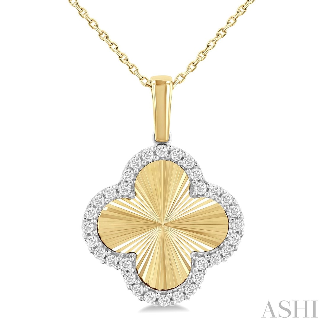 0.25 ctw White Diamond Clover Fluted 14K Yellow & White Gold Pendant: Timeless and sophisticated, this elegant Clover pendant featuring White Diamond radiates enduring beauty. The gemstones are nestled within a Halo framework, supported by a substantial 2.6 grams 14K Ye