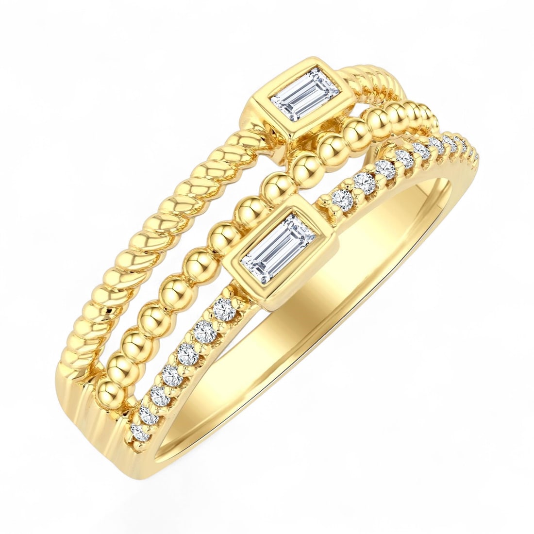 0.2 Ctw Triple Row Baguette Diamond Modern 10K Yellow Gold Ring - Certified: A vision of luxury, this stunning Triple Row Fashion Band ring featuring Natural Diamonds defines sophistication. Expertly mounted in a Multi-row Band setting, the ring is crafted in 4.2 grams of soli