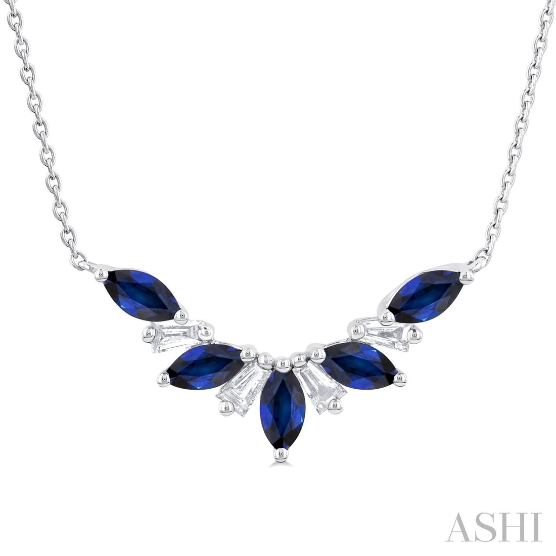 5x2.5mm Blue Sapphire and 0.18 ctw Diamond 14K White Gold Necklace: A symphony of light and color, this exquisite Marquise necklace featuring Blue Sapphire, White Diamond embodies the pinnacle of luxury. The gemstones are nestled within a Cluster framework, supported 