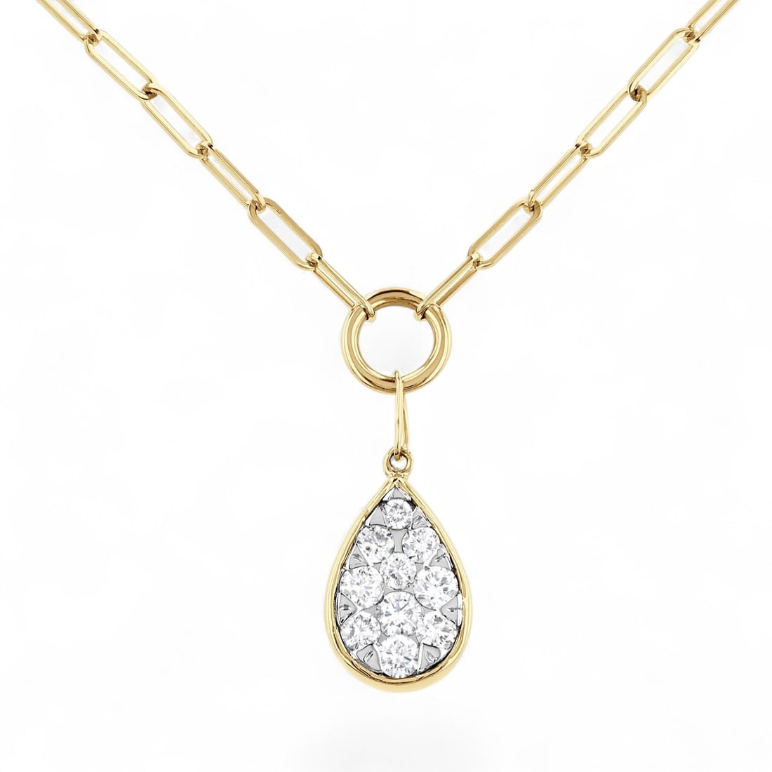 0.25 Ctw Cluster Pear Shape Paperclip White Diamond Modern 14K Yellow & White Gold Necklace -: A testament to superior craftsmanship, this stunning Cluster Pear Shape Paperclip necklace featuring Natural Diamonds is unparalleled. Showcasing the gems in a Bezel arrangement, the necklace consists