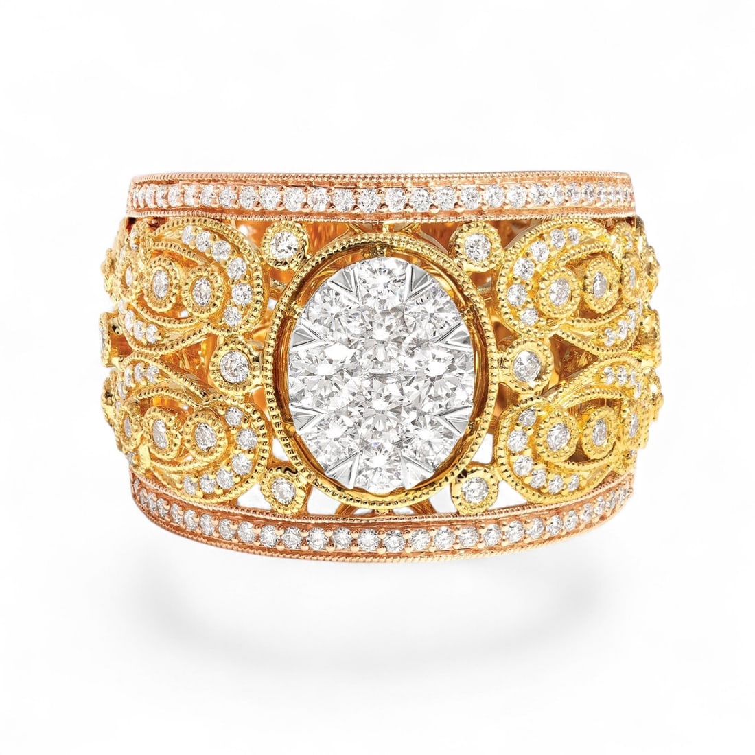 1.11 Ctw Fiori Oval Cluster White Diamond Modern 18K Tri-Color Gold Ring - Certified: An exquisite masterpiece of haute joaillerie, this magnificent Fiori Oval Cluster ring featuring Natural Diamonds is a true treasure. Crafted with precision, the Illusion setting is seamlessly integra