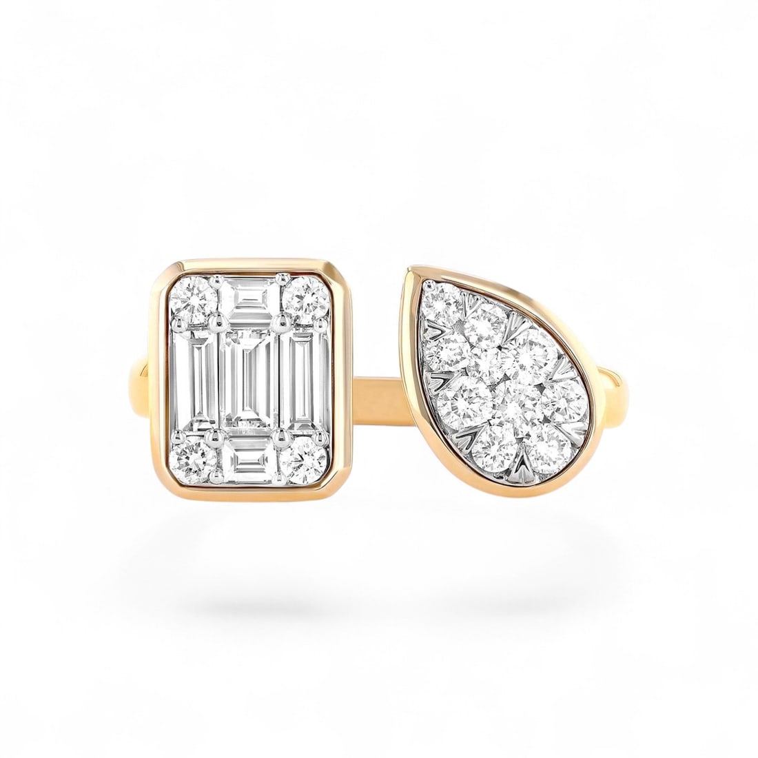 0.9 Ctw Toi Et Moi Open White Diamond Mid-Century Modern 18K Yellow White Gold Ring - Certified: Defining modern elegance, this magnificent Toi Et Moi Open ring featuring Natural Diamonds captures the essence of style. Expertly mounted in a Bezel setting, the ring is crafted in 6.4 grams of solid