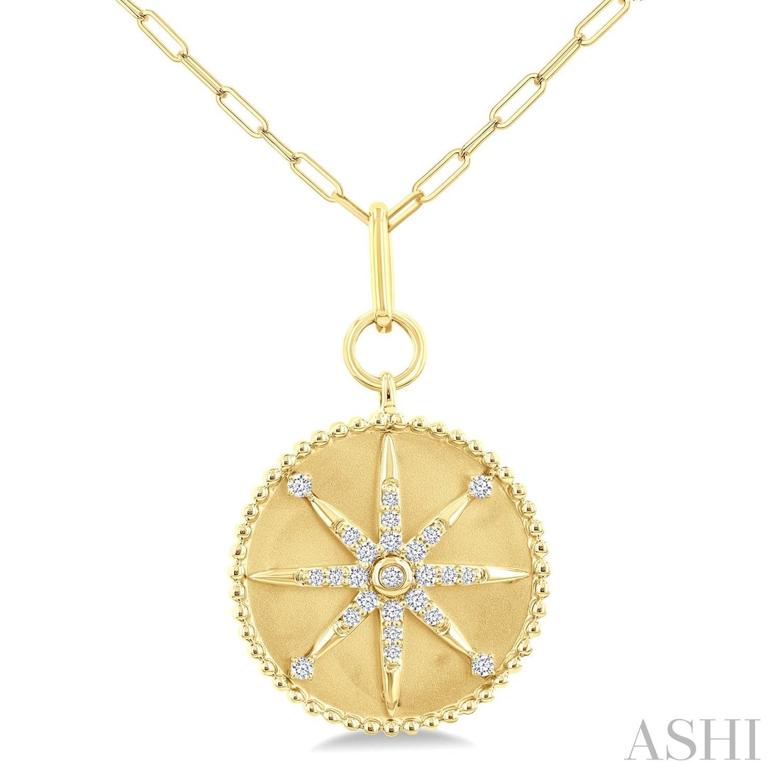 0.26 ctw Diamond Compass Medallion 14K Yellow Gold Pendant Necklace: Defining modern elegance, this exquisite Compass Medallion pendant featuring White Diamond captures the essence of style. Expertly mounted in a Cluster setting, the pendant is crafted in 5.7 grams of 