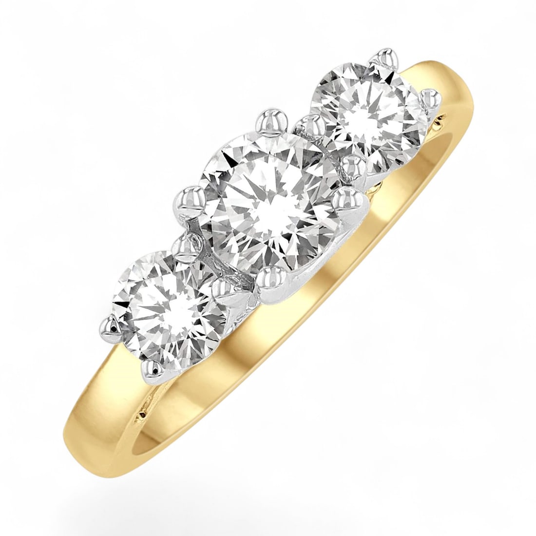 1.53 Ctw Past Present And Future Round Cut Diamond Modern 14K Yellow And White Gold Ring - Certified: Rare and radiant, this magnificent Past, Present and Future three-stone ring featuring Natural Diamonds offers a touch of the extraordinary. Crafted with precision, the Three-Stone setting is seamless