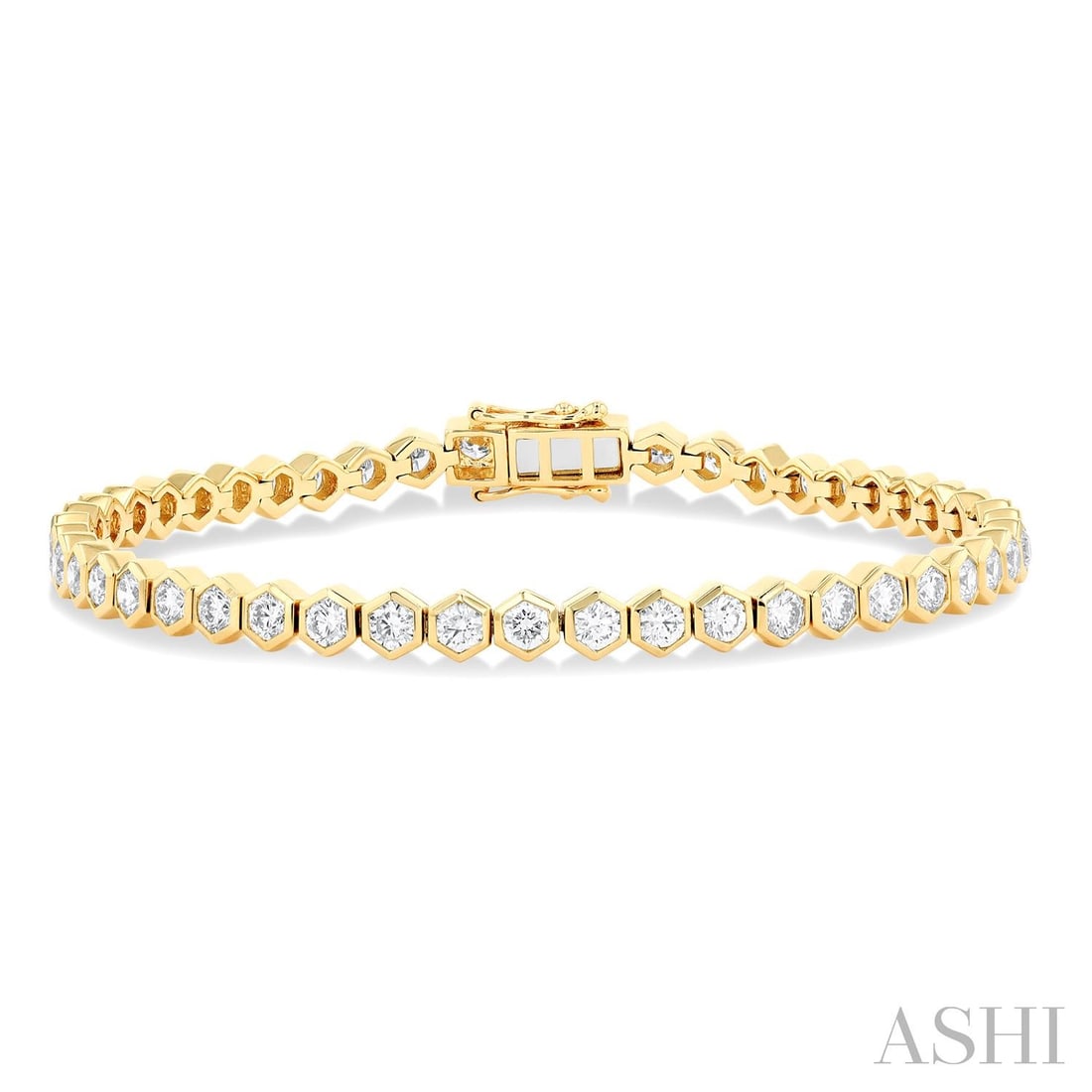 4.0 ctw Bezel Set Diamond Hexagon Motif 14K Yellow Gold Tennis Bracelet: A testament to superior craftsmanship, this breathtaking Hexagon Motif tennis bracelet featuring Natural Diamonds is unparalleled. A detailed Bezel gallery secures the stones, rendered in 11.0 grams o