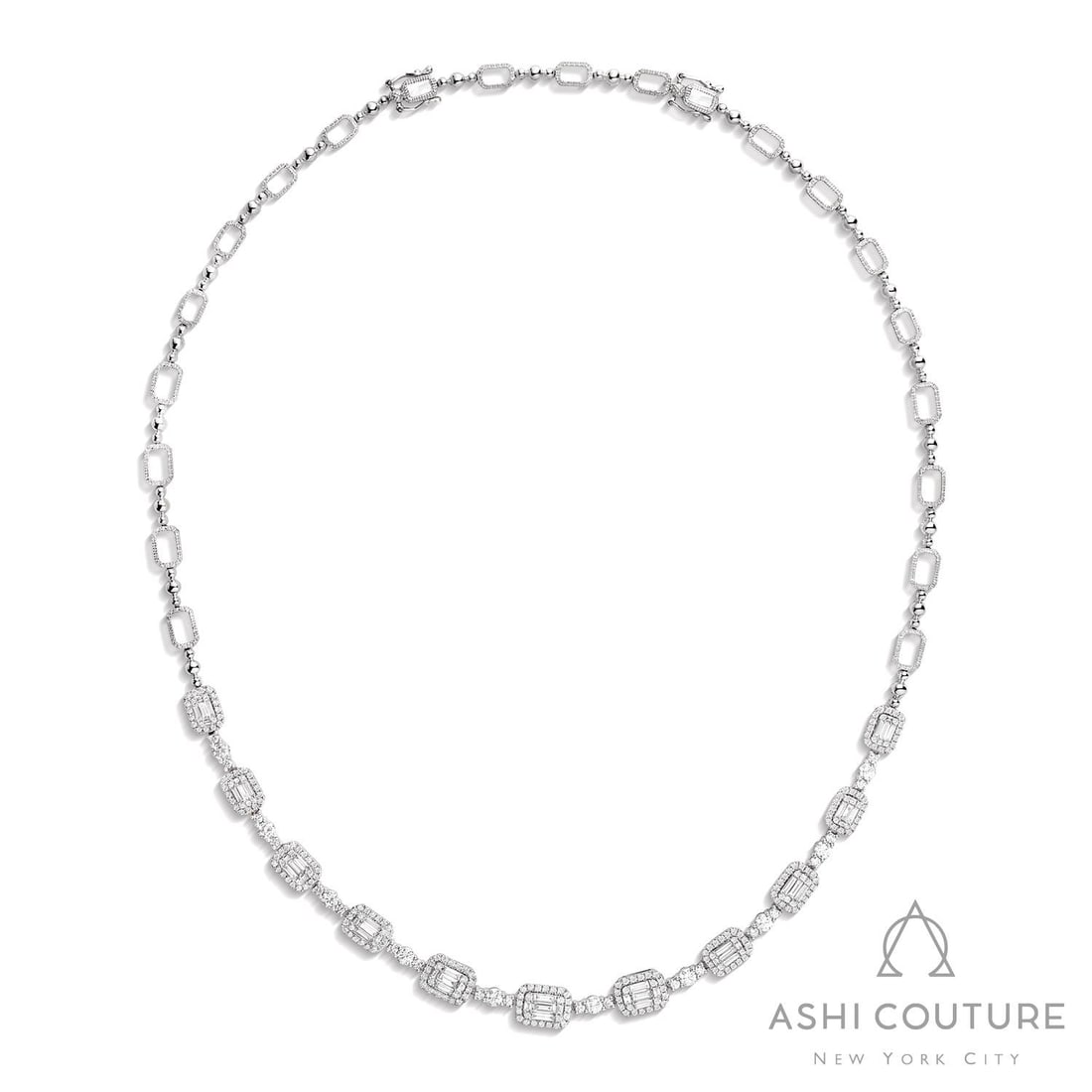 4.09 ctw Diamond Station 18K White Gold Necklace: Rare and radiant, this breathtaking Empress necklace featuring White Diamond offers a touch of the extraordinary. A detailed Station gallery secures the stones, rendered in 29.25 grams of lustrous 18K