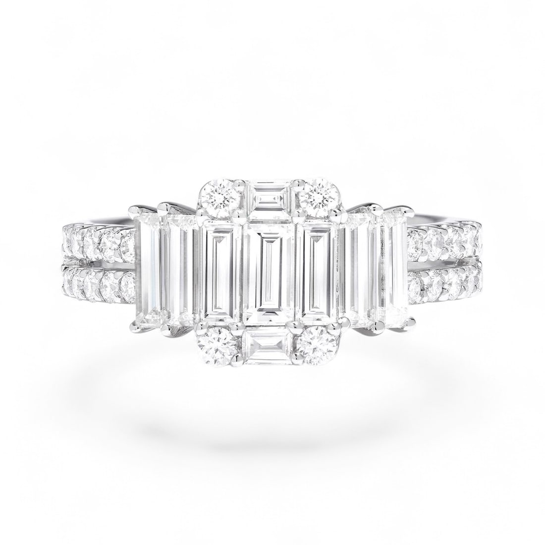 1.31 Ctw Empress Baguette Cocktail White Diamond Art Deco 18K White Gold Ring - Certified: Timeless and sophisticated, this magnificent Empress Baguette Cocktail ring featuring Natural Diamonds radiates enduring beauty. The gemstones are nestled within a Cluster framework, supported by a su