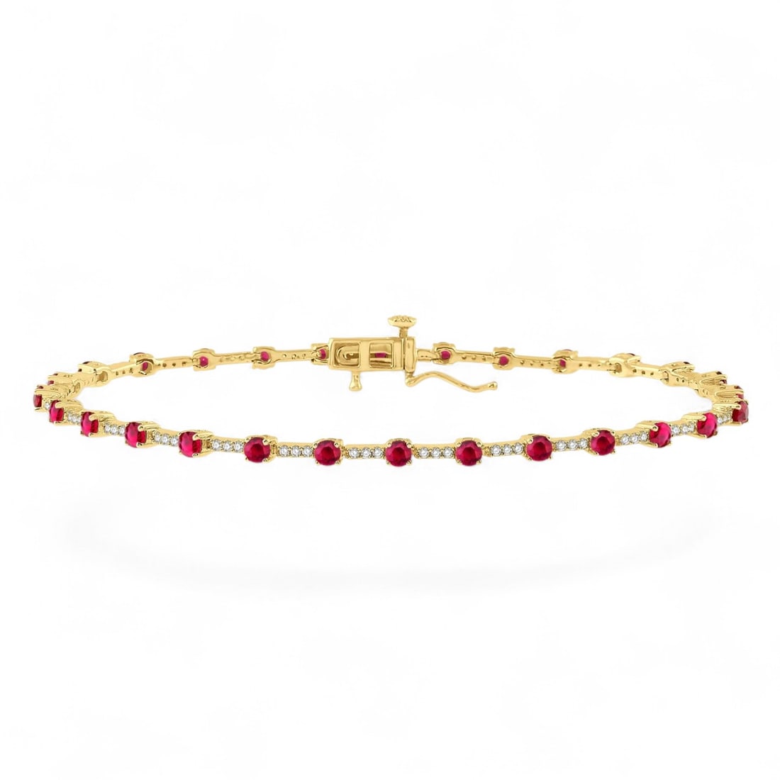 2.5 MM Ruby and 0.5 Ctw Precious Bar Link White Diamond Modern 10K Yellow Gold Bracelet - Certified: An exquisite masterpiece of haute joaillerie, this magnificent Precious Bar Link bracelet featuring Natural Diamonds and Rubies is a true treasure. A detailed Line bracelet gallery secures the stones,