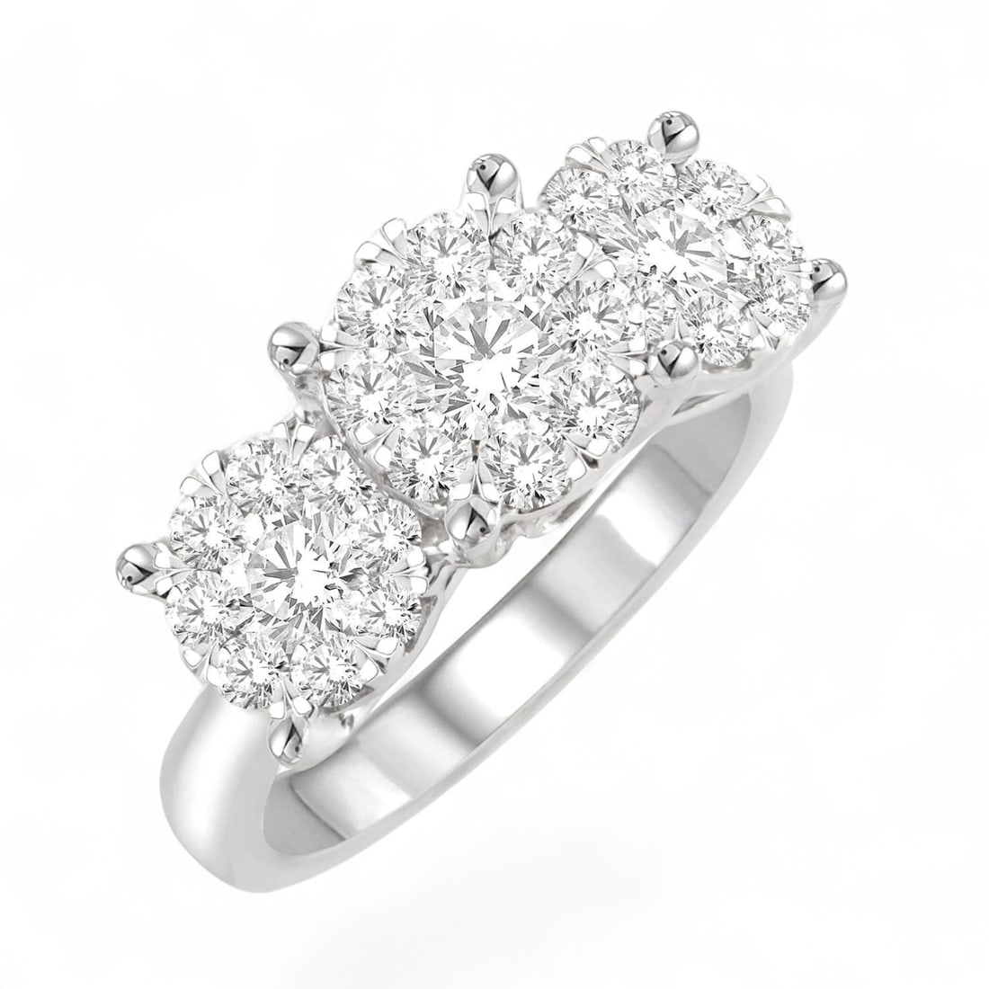1.51 Ctw Cluster Round Cut Three Stone White Diamond Modern 14K White Gold Ring - Certified: Timeless and sophisticated, this magnificent Cluster Three Stone ring featuring Natural Diamonds radiates enduring beauty. The gemstones are nestled within a Three-Stone framework, supported by a subs