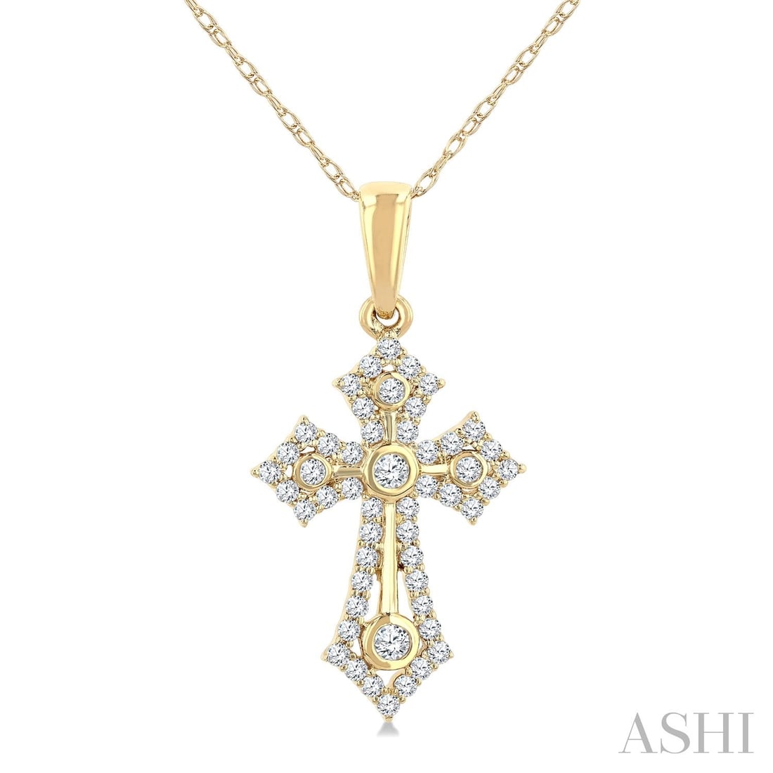 0.26 ctw Round Diamond Cross Motif 10K Yellow Gold Pendant Necklace: Captured in a moment of brilliance, this elegant Cross Motif pendant necklace featuring Natural Diamonds speaks to the connoisseur. Expertly mounted in a Cluster setting, the pendant necklace is craft