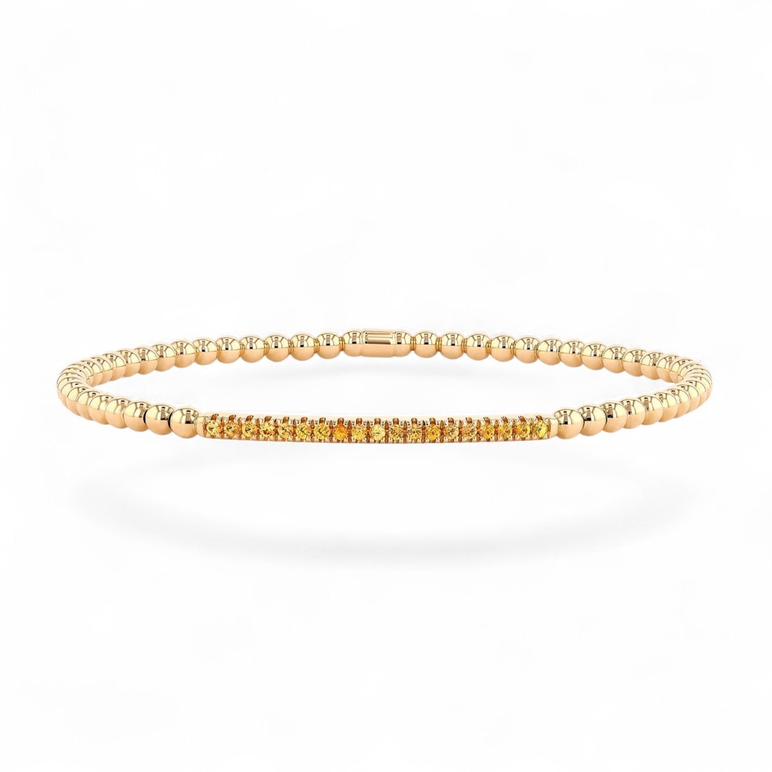 Sereno Gold Bead Gemstone Bar Stretch Yellow Sapphire Modern 18K Yellow Gold Bracelet - Certified: Timeless and sophisticated, this elegant Sereno Gold Bead Gemstone Bar Stretch bracelet featuring Yellow Sapphires radiates enduring beauty. The gemstones are nestled within a Micro-Pave framework, su