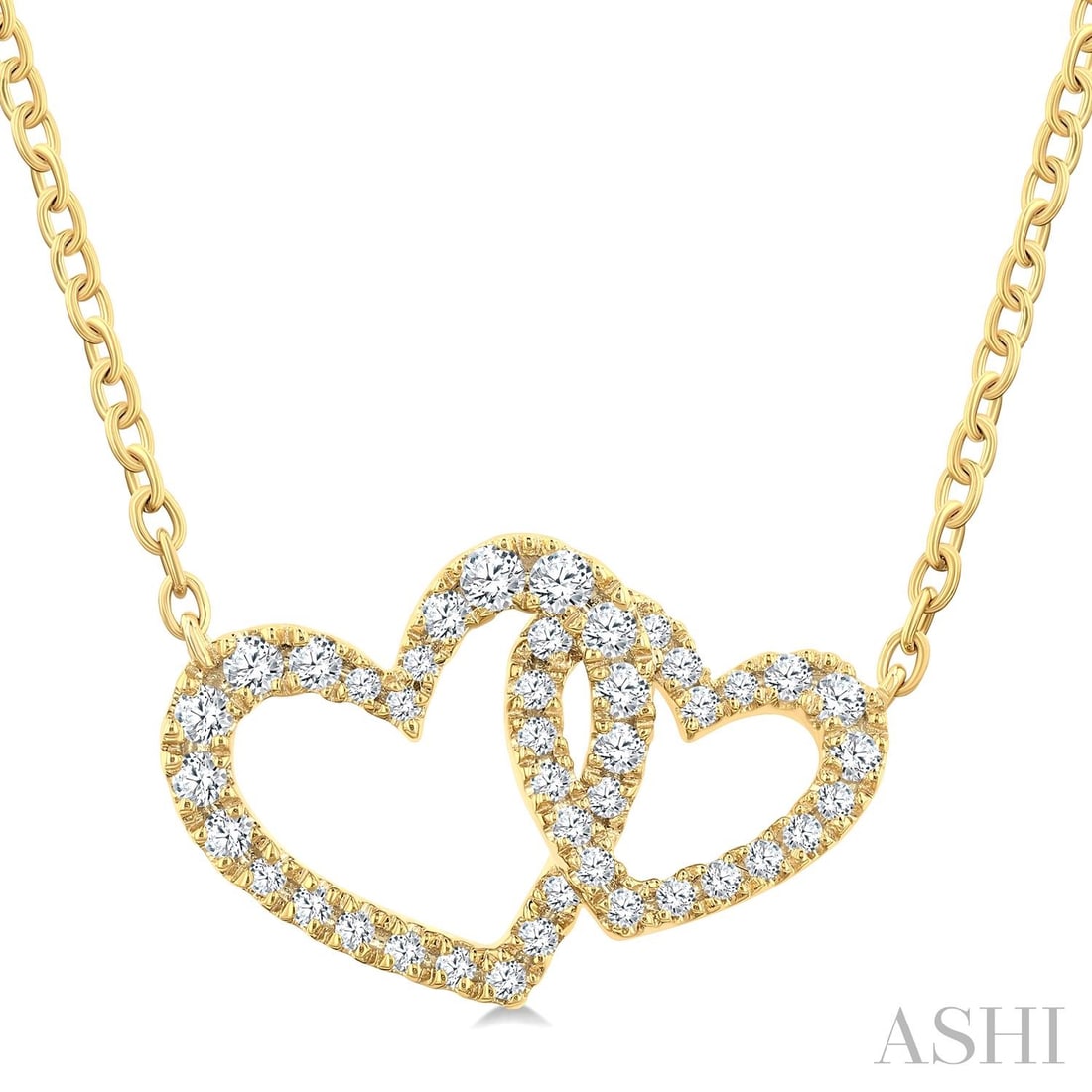 0.23 ctw Interlocked Heart Diamond 10K Yellow Gold Pendant Necklace: A vision of luxury, this stunning Interlocked Heart necklace featuring White Diamond defines sophistication. The gemstones are nestled within a Pave-Set Interlocked Heart Motif framework, supported by