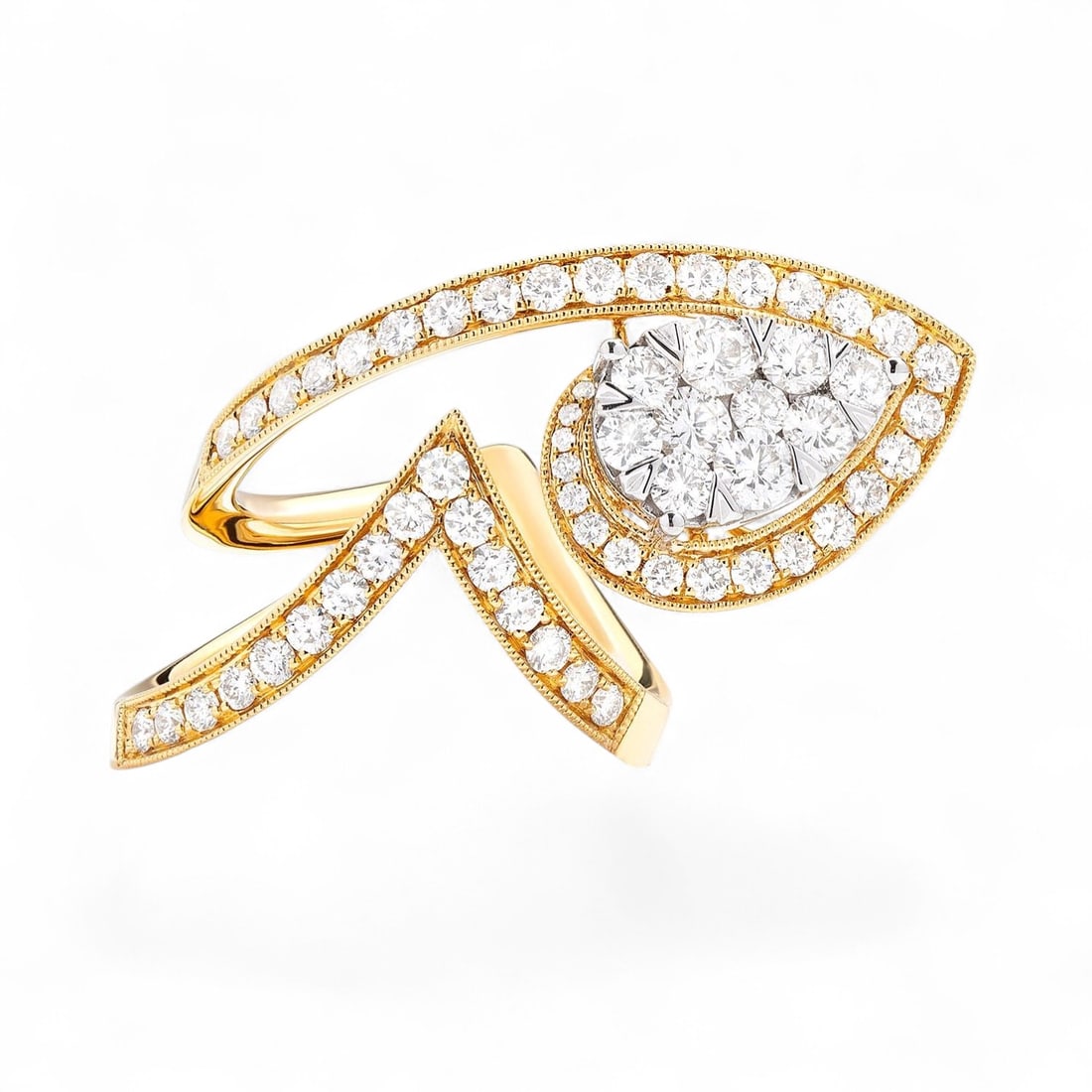 1.79 Ctw White Diamond 18K Yellow & White Gold Ring - Certified: A vision of luxury, this magnificent Fiori Pear Avant-Garde Cocktail Cluster ring featuring Natural Diamonds defines sophistication. The gemstones are nestled within a Bypass framework, supported by a