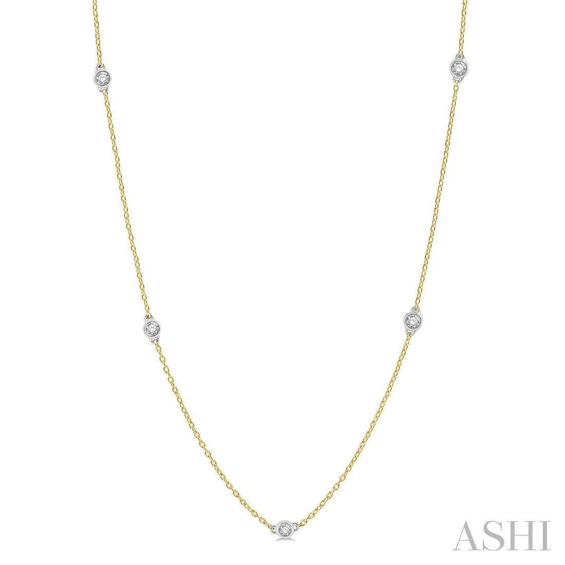 0.76 ctw White Diamond Station 14K Yellow & White Gold Necklace: Rare and radiant, this elegant Station necklace featuring White Diamond offers a touch of the extraordinary. Showcasing the gems in a Station Necklace (Bezel Set) arrangement, the necklace consists of