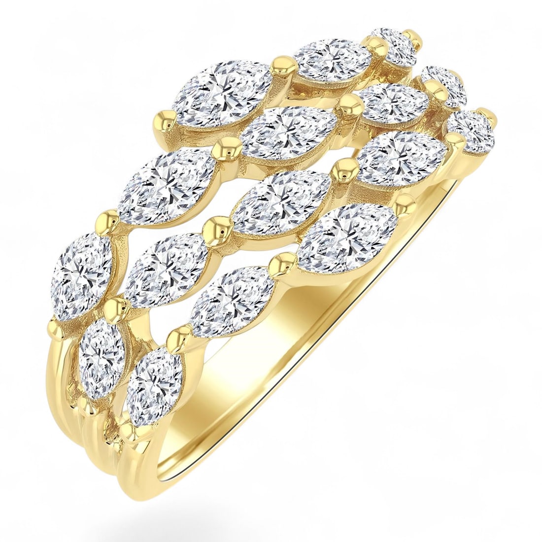 1.56 Ctw Split Open-End Triple Row Marquise White Diamond Modern 14K Yellow Gold Ring - Certified: Epitomizing grandeur, this magnificent Split Open-End Triple Row Marquise ring featuring Natural Diamonds stands as a beacon of refined taste. Crafted with precision, the Prong setting is seamlessly i