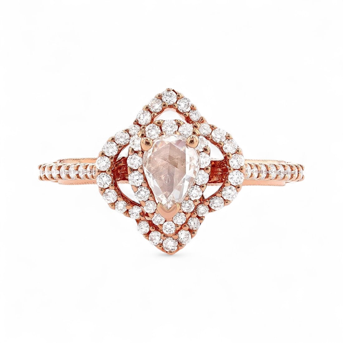 0.79 Ctw Mademoiselle Floral White Diamond Modern 18K Rose Gold Ring - Certified: A symphony of light and color, this magnificent Mademoiselle Floral ring featuring Natural Diamonds embodies the pinnacle of luxury. The gemstones are nestled within a Halo framework, supported by a s