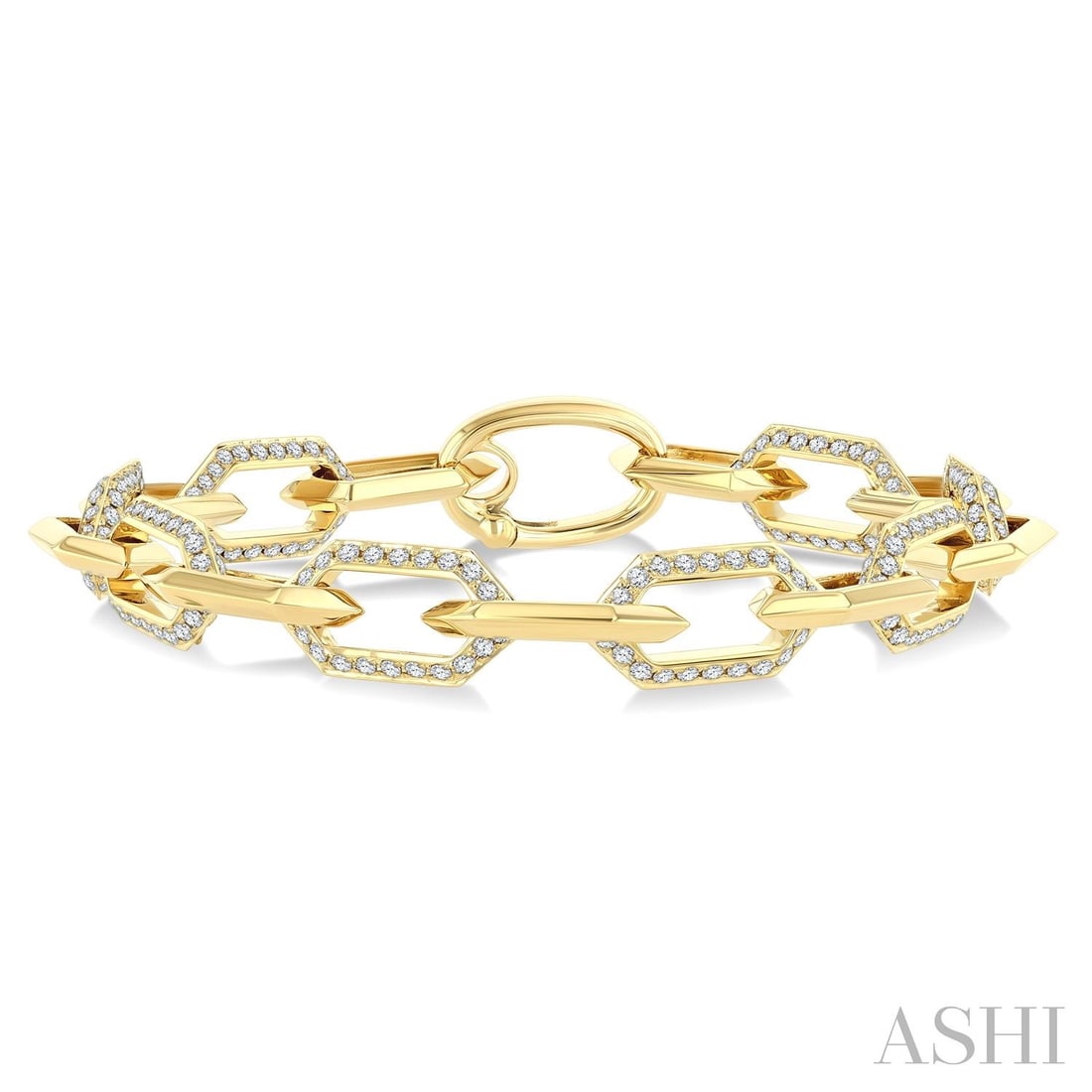 3.0 ctw Diamond Open Window Hexagon Link 14K Yellow Gold Bracelet: A vision of luxury, this stunning Open Window Hexagon Link bracelet featuring White Diamond defines sophistication. Expertly mounted in a Link setting, the bracelet is crafted in 15.2 grams of solid 1