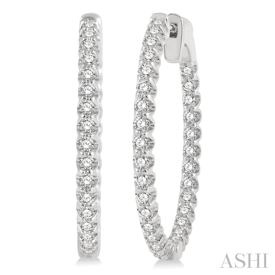 1.02 ctw White Diamond 14K White Gold Hoop Earrings: Timeless and sophisticated, this elegant Inside-Out Round Cut pair of earrings featuring White Diamonds radiates enduring beauty. The gemstones are nestled within a Continuous Line Hoop framework, sup
