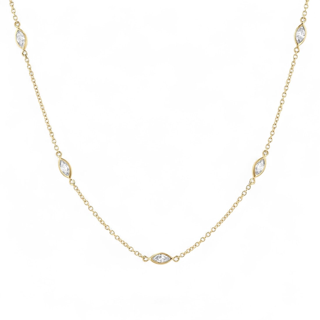 1.05 Ctw Marquise Cut Station White Diamond Modern 14K Yellow Gold Necklace - Certified: An exquisite masterpiece of haute joaillerie, this stunning Marquise Cut Station necklace featuring Natural Diamonds is a true treasure. A detailed Bezel gallery secures the stones, rendered in 2.85 g