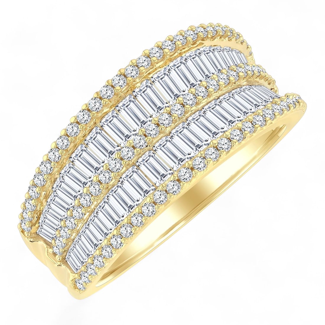 1.5 Ctw Baguette And Round Cut Fashion Diamond Modern 14K Yellow Gold Ring - Certified: A symphony of light and color, this magnificent Baguette and Round Cut Fashion Band ring featuring Natural Diamonds embodies the pinnacle of luxury. Securely held in a classic Band design, the ring is