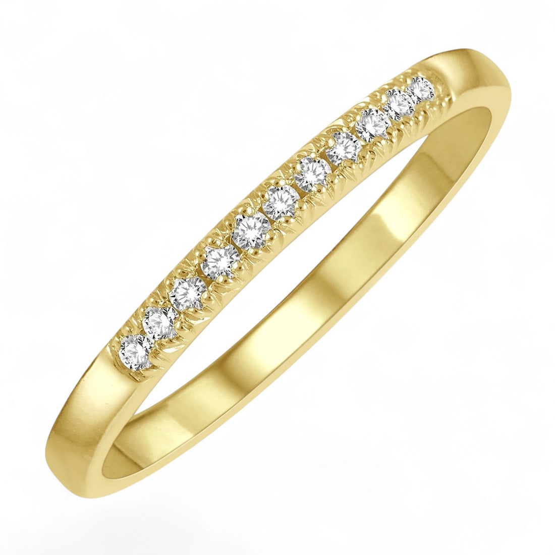 0.1 Ctw 11 Stone Wedding Band White Diamond Modern 14K Yellow Gold Ring - Certified: Epitomizing grandeur, this elegant 11 Stone Wedding Band ring featuring Natural Diamonds stands as a beacon of refined taste. Showcasing the gems in a Pave arrangement, the ring consists of 1.85 grams