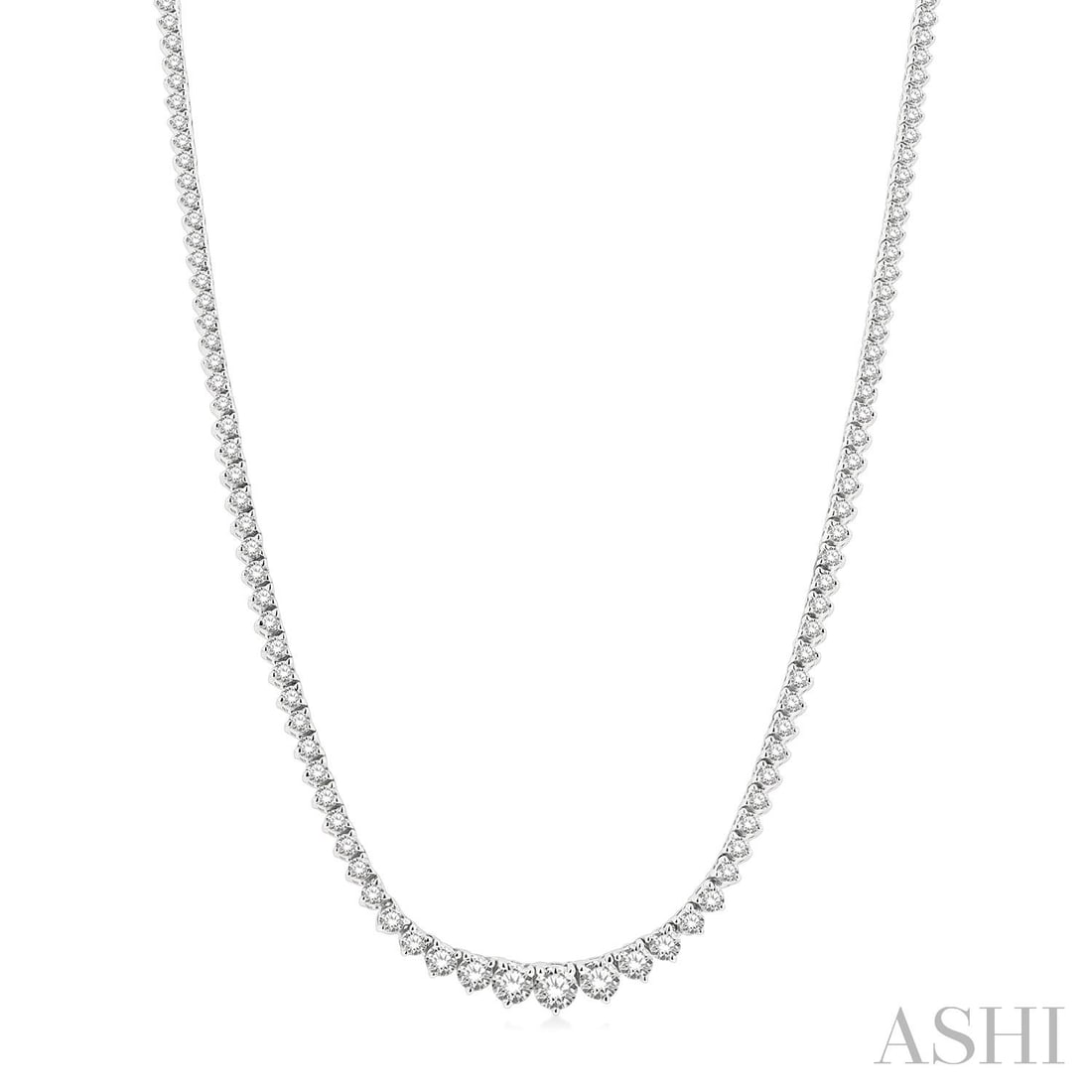 7.02 ctw Round Cut White Diamond Riviera 14K White Gold Necklace: Rare and radiant, this breathtaking Riviera necklace featuring White Diamond offers a touch of the extraordinary. A detailed Riviera gallery secures the stones, rendered in 17.8 grams of lustrous 14K 