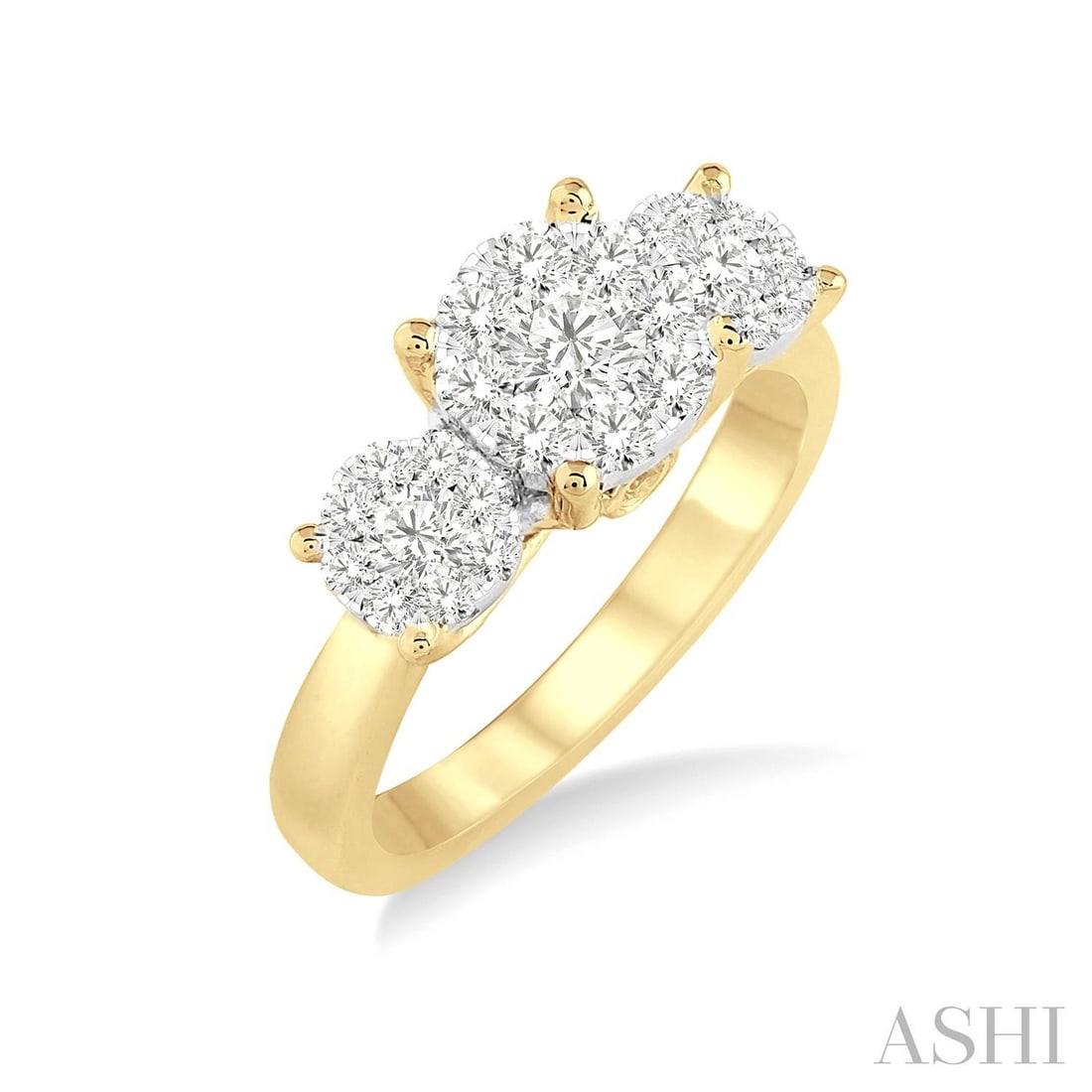 0.49 ctw Cluster White Diamond 14K Yellow and White Gold Ring: Exuding opulence and grace, this magnificent Cluster ring featuring White Diamond is crafted for the distinguished. A detailed Three-Stone Cluster gallery secures the stones, rendered in 3.65 grams of