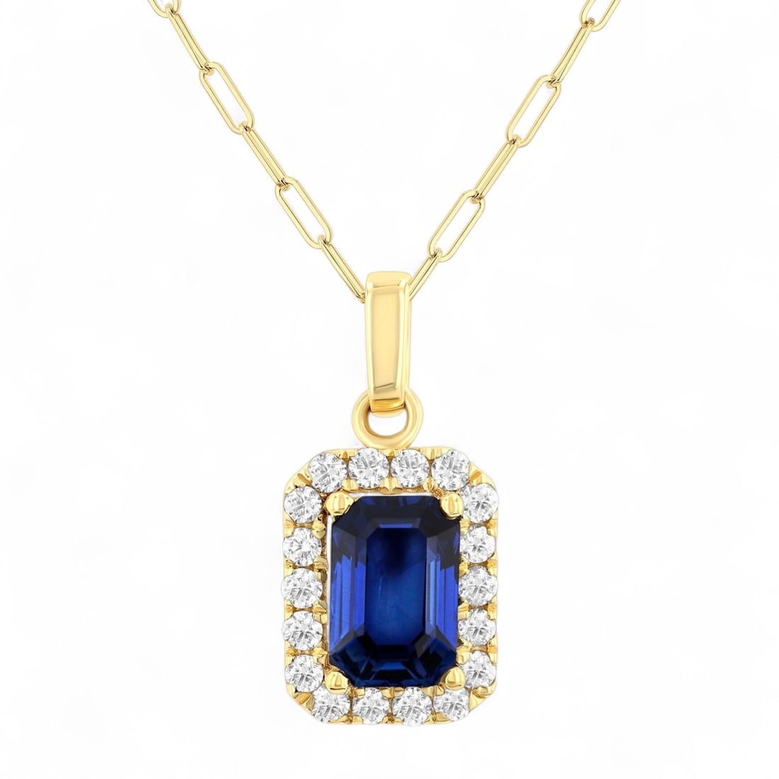 6x4 MM Blue Sapphire and 0.15 Ctw Halo White Diamond Modern 14K Yellow Gold Pendant - Certified: A vision of luxury, this stunning Halo pendant featuring Natural Diamonds, Sapphires defines sophistication. The gemstones are nestled within a Halo framework, supported by a substantial 0.6 gram 14K 