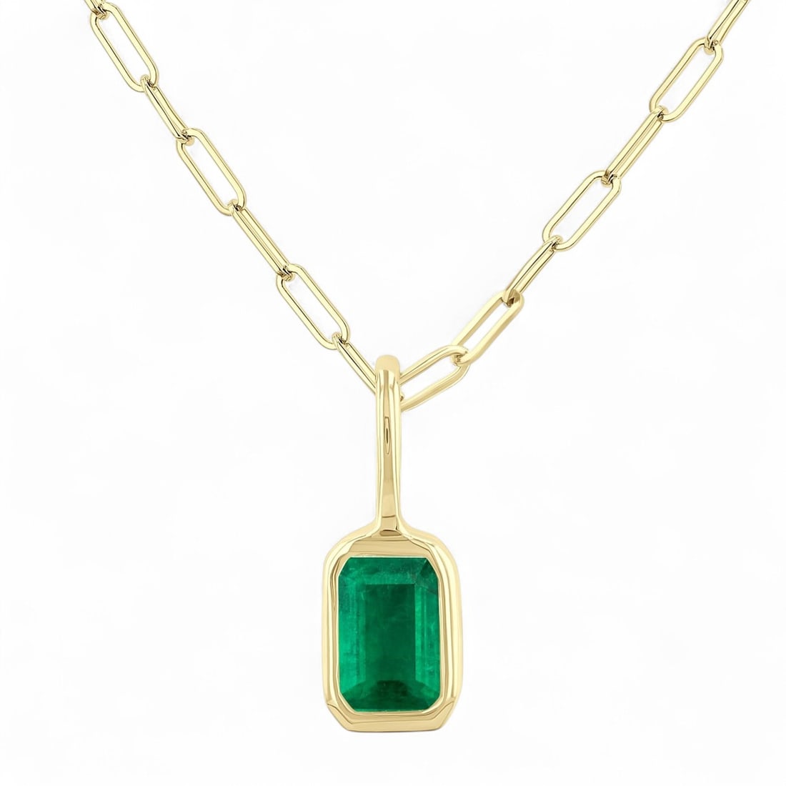 6x4 MM Emerald Bezel Set Pendant 14K Yellow Gold Paperclip Necklace - Certified: Timeless and sophisticated, this elegant Bezel Set Emerald Cut Pendant necklace featuring Emeralds radiates enduring beauty. Securely held in a classic Bezel design, the necklace is forged from 0.42 g