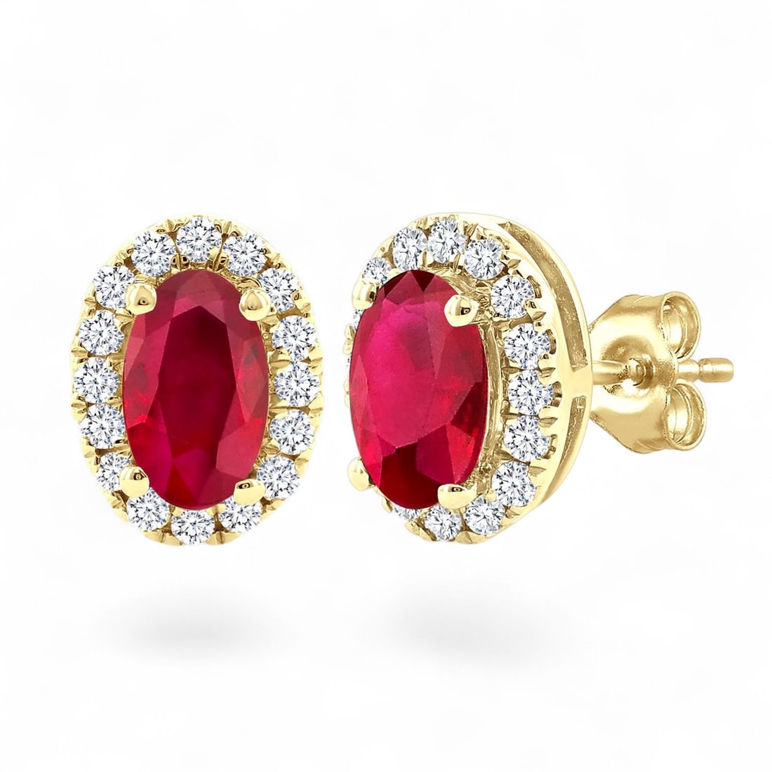 5x3 MM Ruby and 0.14 Ctw Halo Stud White Diamond Modern 10K Yellow Gold Earrings - Certified: A symphony of light and color, this stunning Halo Stud pair of earrings featuring Natural Diamonds and Rubies embodies the pinnacle of luxury. Securely held in a classic Halo design, the earrings are 