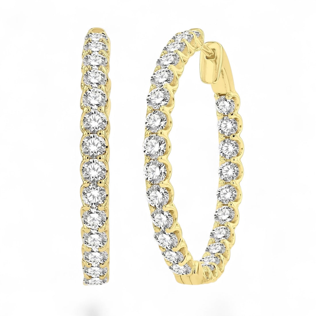 5.0 Ctw Inside-Out Round Cut Hoop White Diamond Modern 14K Yellow Gold Earrings - Certified: Epitomizing grandeur, this stunning Inside-Out Round Cut Hoop pair of earrings featuring Natural Diamonds stands as a beacon of refined taste. A detailed Prong gallery secures the stones, rendered in 