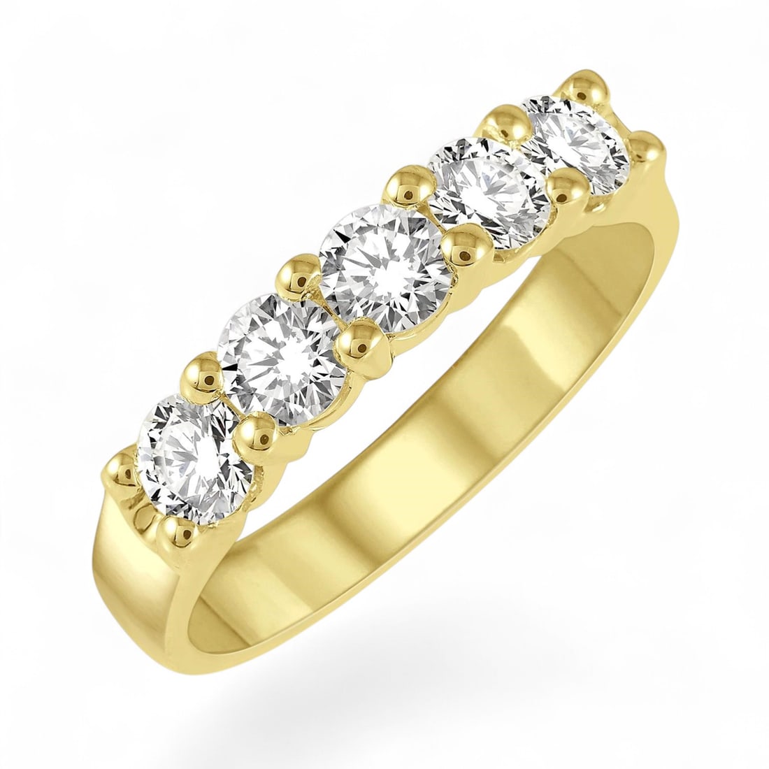 1.0 Ctw 5 Stone Wedding Band White Diamond Modern 14K Yellow Gold Ring - Certified: Rare and radiant, this stunning 5 Stone Wedding Band ring featuring Natural Diamonds offers a touch of the extraordinary. A detailed Prong gallery secures the stones, rendered in 3.6 grams of lustrous