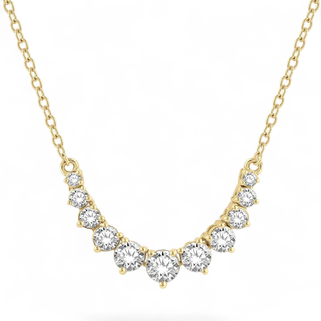 0.75 Ctw Graduated Smile White Diamond Modern 14K Yellow Gold Necklace - Certified: Epitomizing grandeur, this magnificent Graduated Smile necklace featuring Natural Diamonds stands as a beacon of refined taste. Showcasing the gems in a Prong arrangement, the necklace consists of 1.6