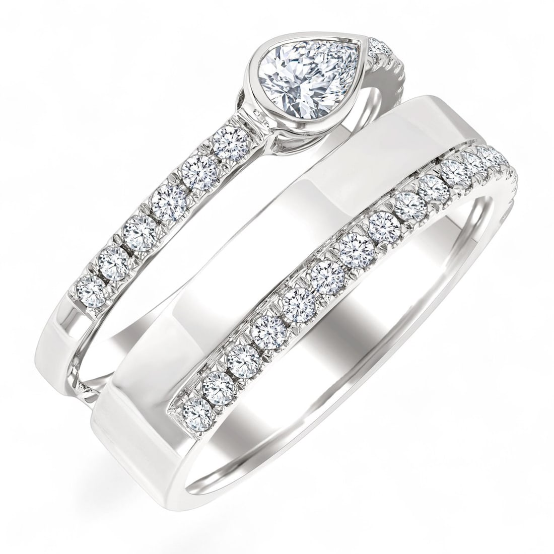 0.72 Ctw Split Twin Row Bezel Set Pear Round Cut Fashion White Diamond Modern 14K White Gold Ring - (1 of 3)