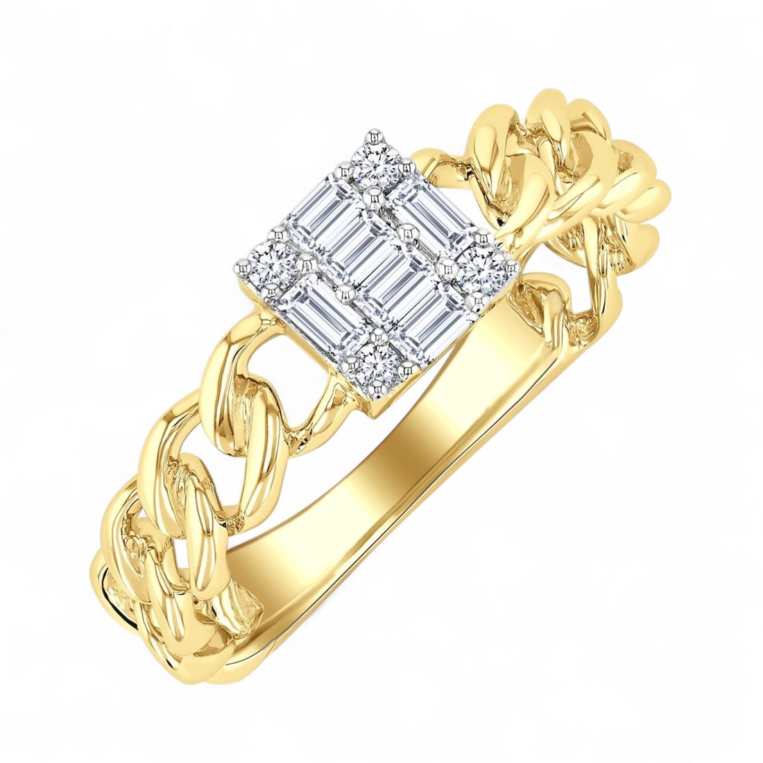 0.26 Ctw Fusion Curb & Cuban Link White Diamond Modern 14K Yellow Gold Ring - Certified (1 of 3)