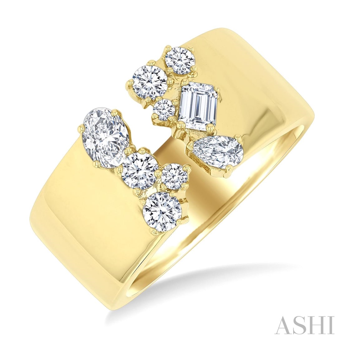 0.74 ctw Mixed Cut Diamond Wide Fashion Band 14K Yellow Gold Ring: Exuding opulence and grace, this magnificent Open Top Wide Band ring featuring White Diamond is crafted for the distinguished. Crafted with precision, the Cluster setting is seamlessly integrated into