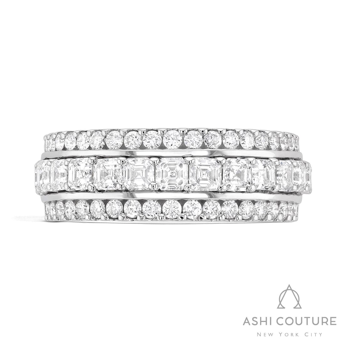 1.85 ctw Diamond Duchess 3-Row 18K White Gold Band Ring: Captured in a moment of brilliance, this magnificent 3-Row ring featuring Natural Diamonds speaks to the connoisseur. Securely held in a classic Channel-Set design, the ring is forged from 7.0 grams o