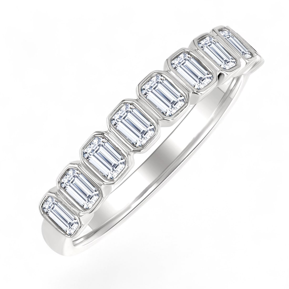 0.81 Ctw North-South Bezel Set Emerald Cut Fashion White Diamond Modern 14K White Gold Ring -: Timeless and sophisticated, this magnificent North-South Bezel Set Emerald Cut Fashion ring featuring Natural Diamonds radiates enduring beauty. Expertly mounted in a Bezel setting, the ring is crafte