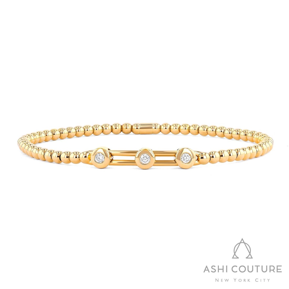 0.27 ctw Diamond Sereno Gold Bead Stretch 18K Yellow Gold Bracelet: Exuding opulence and grace, this exquisite Gold Bead bracelet featuring White Diamond is crafted for the distinguished. A detailed Beaded Stretch Bracelet with Bar Element gallery secures the stones, 