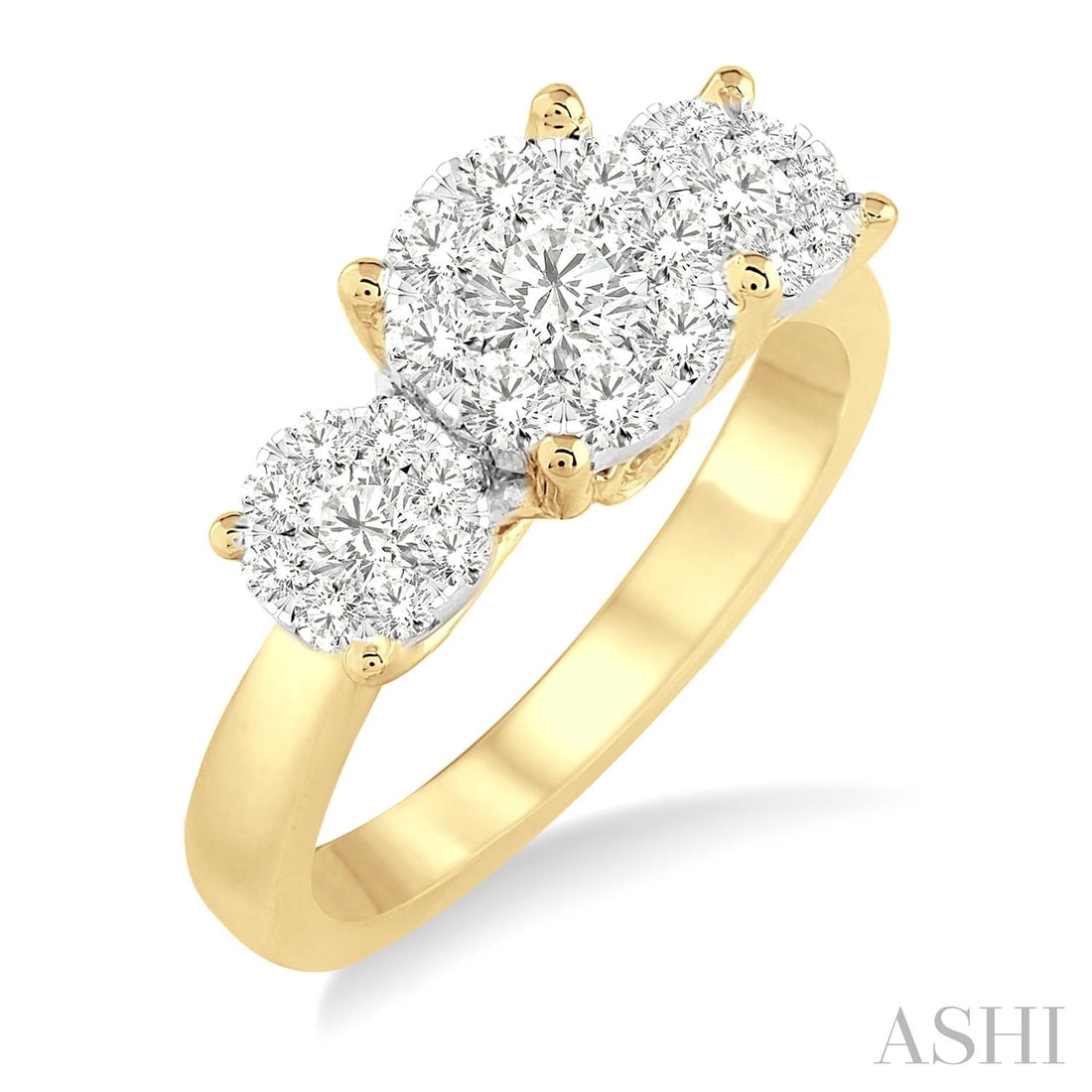 1.03 ctw Cluster Round Diamond 14K Yellow & White Gold Ring: Rare and radiant, this magnificent Three-Stone Cluster ring featuring White Diamond offers a touch of the extraordinary. Crafted with precision, the Three-Stone setting is seamlessly integrated into 4