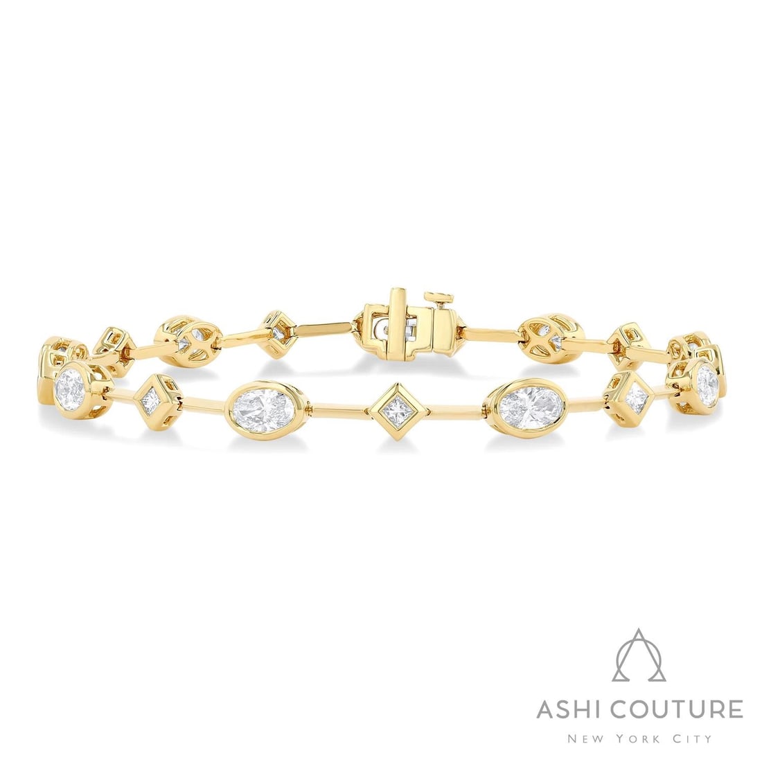 Duchess 3.11 ctw Multishaped Diamond Bar 18K Yellow Gold Bracelet: Timeless and sophisticated, this elegant Multishaped Bar bracelet featuring White Diamond radiates enduring beauty. The gemstones are nestled within a Bezel framework, supported by a substantial 8.95 