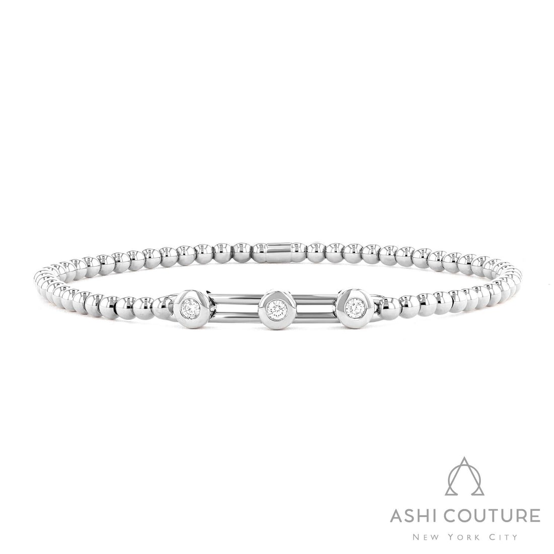 0.27 ctw Round Diamond Bezel-Set Gold Bead Stretch 18K White Gold Bracelet: Exuding opulence and grace, this exquisite Bezel-Set Diamond Bar Stretch bracelet featuring White Diamond is crafted for the distinguished. Crafted with precision, the Bezel setting is seamlessly inte
